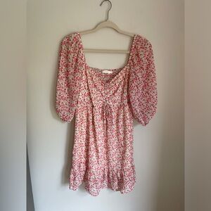 Lush Pink Floral Puff Sleeved Smocked Sweetheart Mini Dress Women’s Size Small